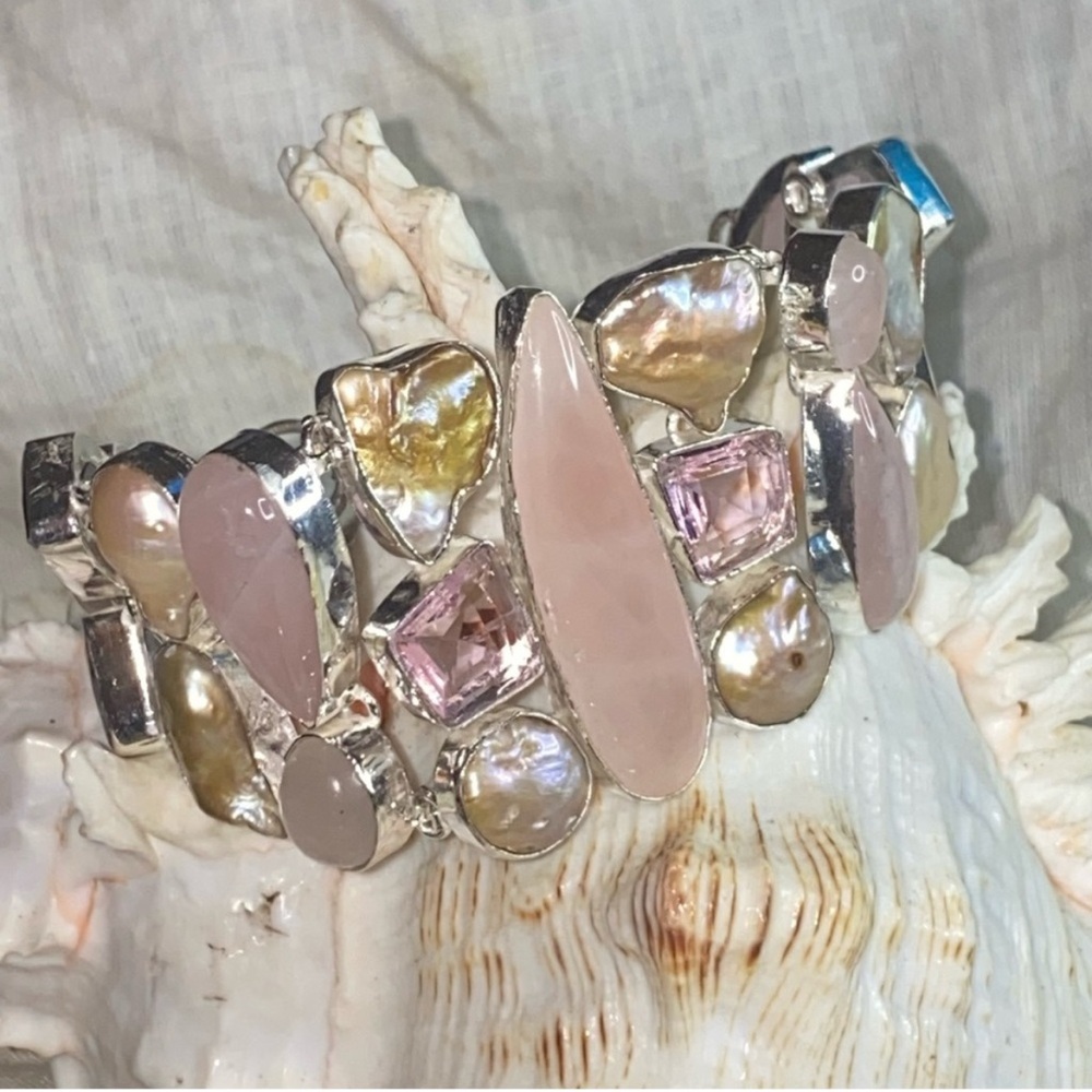 Rose Quartz + Biwa Pearl + Kunzite Gemstone Cluster Statement Bracelet